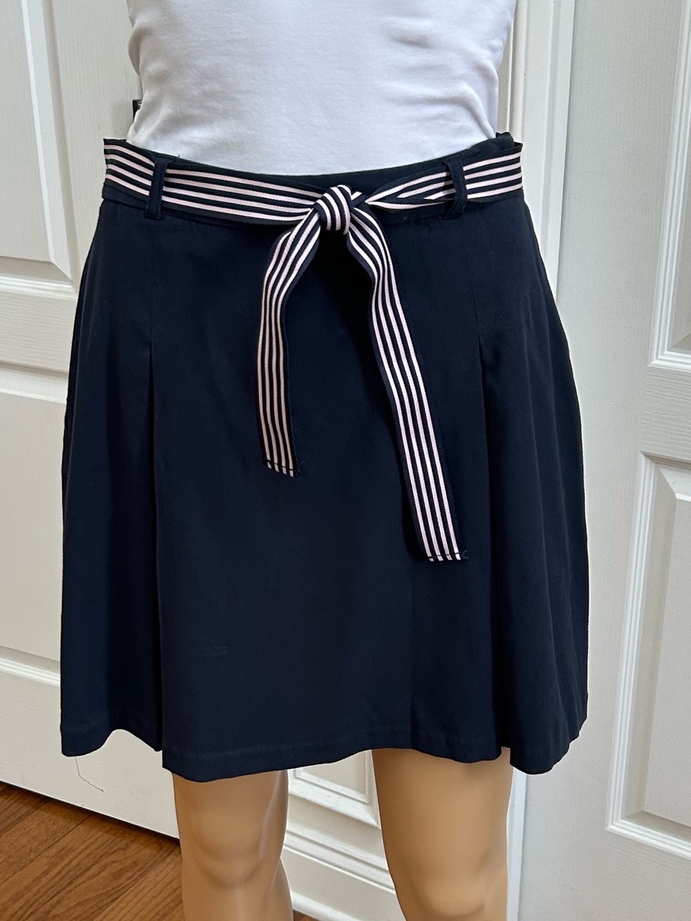 Benetton girls Navy A-Line pleated Skirt with Striped Tie Belt